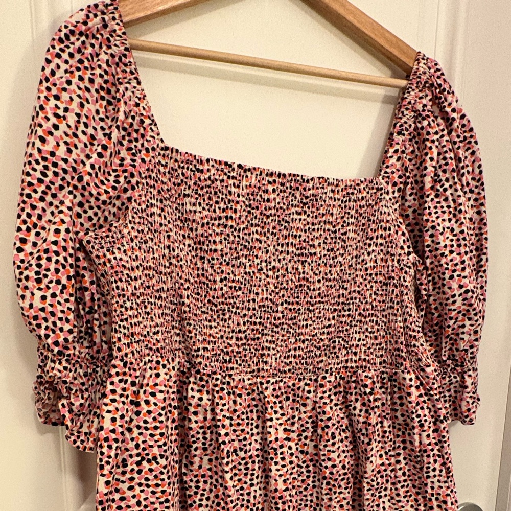 Eloquii Pink Multi-Spot Smocked Puff-Sleeve Dress